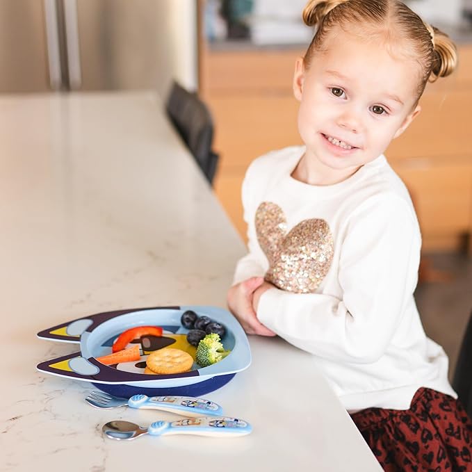 The First Years Bluey Kids Dinnerware Set - Includes Bluey Suction Plate, Bingo Suction Bowl, and Stainless Steel Toddler Silverware - Toddler and Baby Feeding Essentials - 4 Count