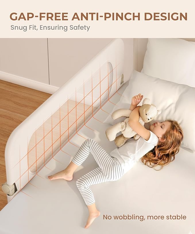 Bed Rail for Toddlers – Foldable Baby Bed Rail, Swing Down Bed Rail Guard with Double Crossbar, Gap-Free Anti-Pinch Design for Queen & King Size Beds, Quick No-Tool Install (Pure White, 59 inch)