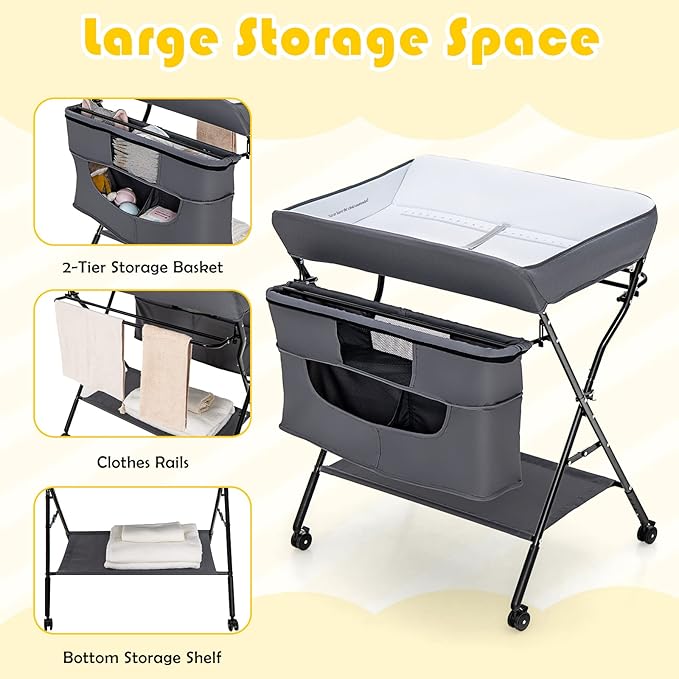 Costzon Baby Changing Table, Adjustable Height Portable Diaper Station w/Lockable Wheels, Safety Belt, Large Storage Rack & Bag, Folding Nursery Station for Infant Newborn (Grey)