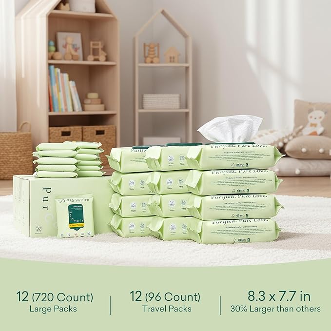 PurComfy Baby Wipes Unscented, 12 Flip-Top Packs + 12 Travel Pack Baby Wipes with Plant Based, Hypoallergenic for Sensitive Newborn Skin, Total 816 Count Wipes
