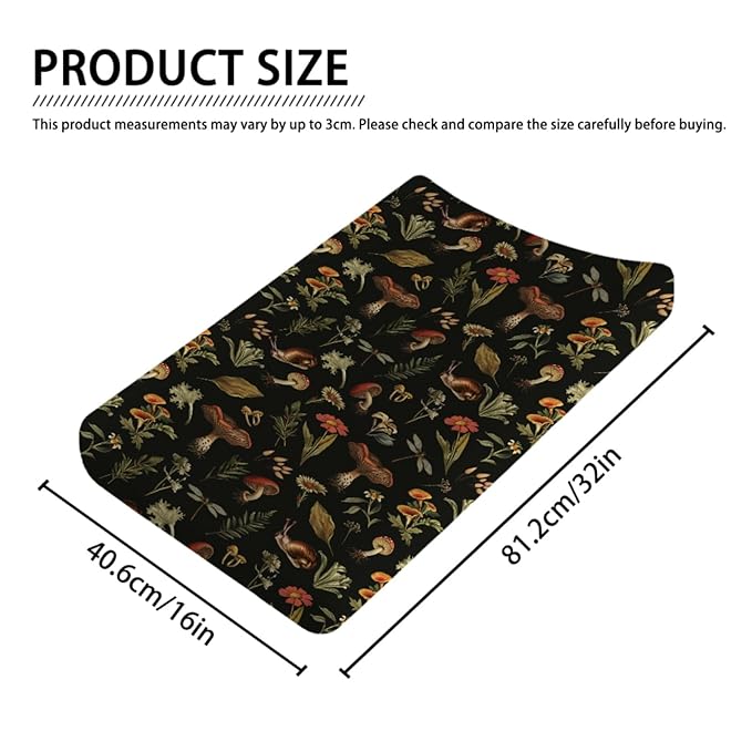 Vintage Mushroom Forest Baby Changing Pad Cover, Soft Breathable Polyester, Black, Newborn to Baby, Changing Pad Cover