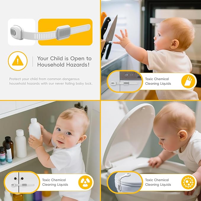 12 Packs Cabinet Locks Baby Proofing, Child Proof Cabinet Locks with 3M Adhesive, No-Drill Child Safety Cabinet Lock, Flexible for Drawer, Door, Fridge, Trashcan, Toilet Seat, Pantry