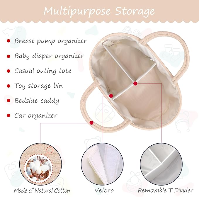 COMSE Baby Diaper Caddy Organizer, Car Caddy, Diaper Change Organizer, Gift Baskets Empty, Portable Tote Bag with Divider, Baby Shower Gifts Newborn Essentials Registry Must Have, Beige