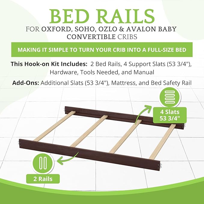 Full-Size Conversion Kit Bed Rails for Oxford, Soho, Ozlo & Avalon Baby Convertible Cribs - Solid Wood - Toddler and Adult Rail for Full-Size Bed - Nursery and Baby Furniture (Cherry Ash, Hook-On Kit)