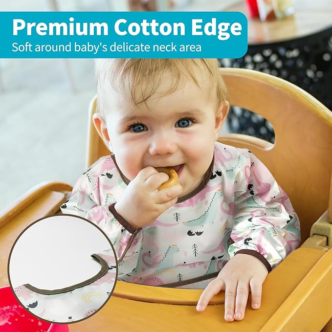 3 Pcs Long Sleeved Bib Set|Baby Waterproof Bibs with Pocket Bundle|Toddler Bib with Sleeves|Stain Resistance Smock 6-24 Month