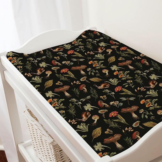 Vintage Mushroom Forest Baby Changing Pad Covers Retro Mushrooms Snail Flowers Leaves Nursery Diaper Changing Table Sheets for Boy Girl Soft Breathable Stretch Fitted Change Table Mats 32''x16''