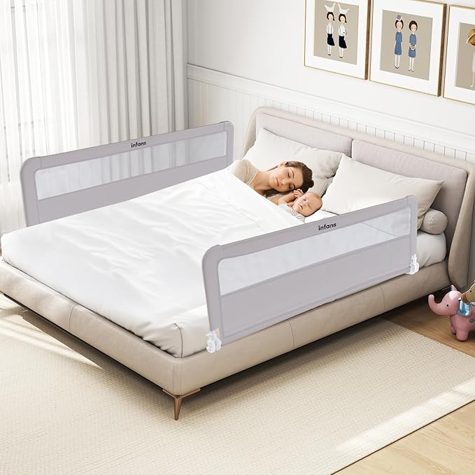 INFANS Bed Rail for Toddlers, 59" Foldable Safety Baby Crib Rail Fit for Kids Twin, Extra Long Swing Down Bed Guardrail for Convertible Crib, Queen, Full, King Mattress Side Guard (Light Gray)