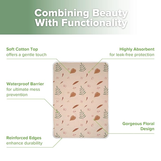 haakaa Waterproof Changing Pad Liners, 100% Cotton, Soft & Breathable (1pc, 19.5" x 27.5" Love Leaves)