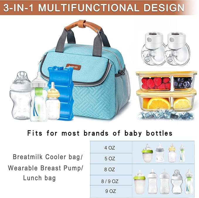 Breastmilk Cooler Bag with Ice Pack Fits 6 Baby Bottles up to 9 Ounce, Wearable Breast Pumps Cooler Bag for Nursing Mom Daycare, Work, Travel- Aqua