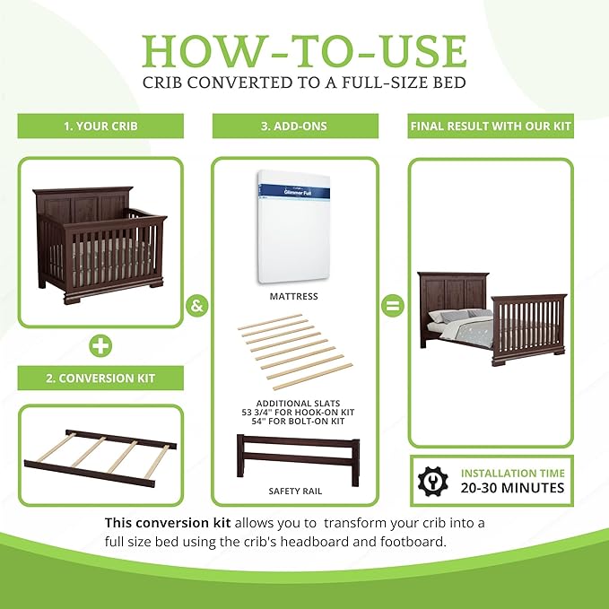 Full-Size Conversion Kit Bed Rails for Oxford, Soho, Ozlo & Avalon Baby Convertible Cribs - Solid Wood - Toddler and Adult Rail for Full-Size Bed - Nursery and Baby Furniture (Espresso, Bolt-On Kit)