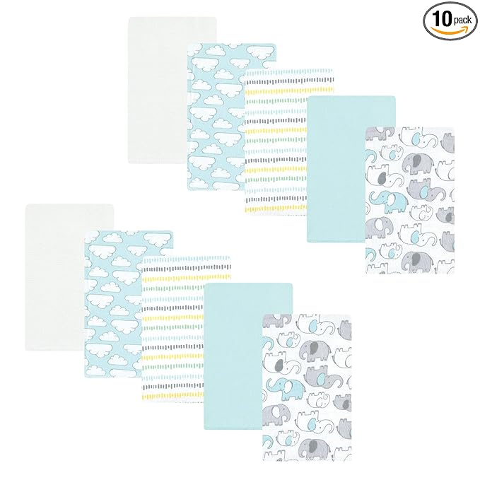 Hudson Baby Unisex Baby Cotton Flannel Burp Cloths, Neutral New Elephant 10-Pack, One Size