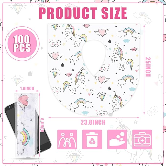 100 Pieces Toilet Seat Covers Disposable For Kids Toddler Flushable Toilet Covers Travel Pack Waterproof Potty Training Liner Pads Extra Large Foldable Toilet Covers for Baby and Adults (Unicorn)