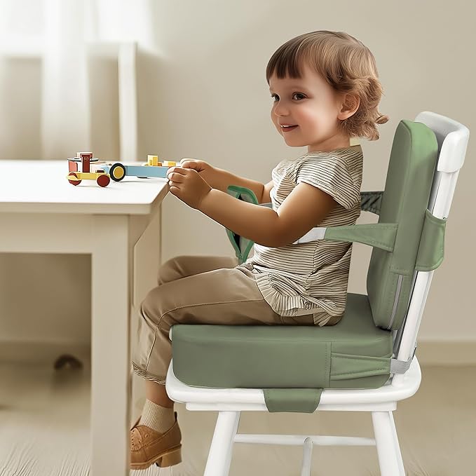 Eiury Toddler Booster Seat for Dining Table – Non-Slip PU Waterproof Cushion with Backrest & Adjustable Straps, Portable Baby Booster Seat (Green)