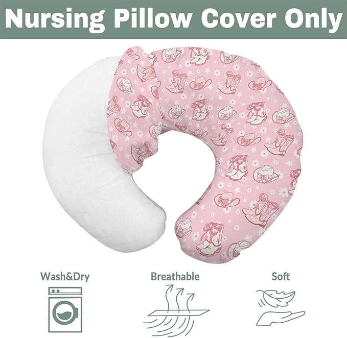 Pink Floral Bows Cowgirl Boots Hat Baby Nursing Pillow Covers for Girl Boho Western Cowgirls Stars Nursery Slipcover for Breastfeeding Pillows Country Soft Stretchy Removable Cover for Newborn Infant