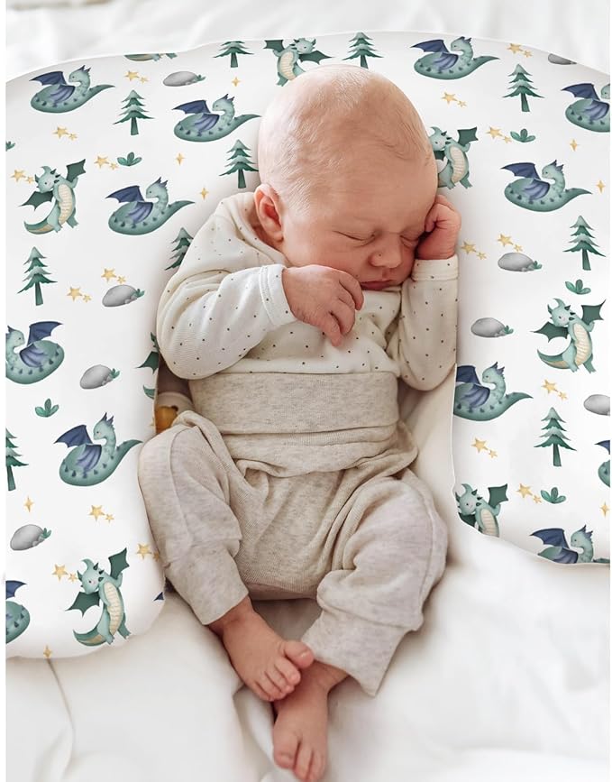 Fairytale Dragon Trees Stars Baby Nursing Pillow Covers for Boy Girl Cute Dragons Green Nursery Feeding Pillowcase for Breastfeeding Pillows Fantasy Animal Soft Stretchy Slipcover for Newborn Infant