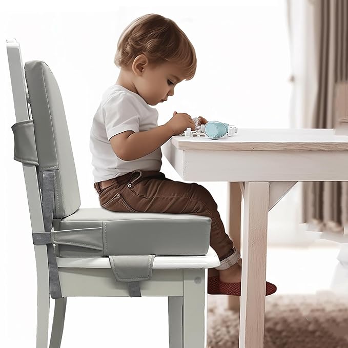 Eiury Booster Seat for Dining Table, PU Anti-Scratch Easy Cleaning Kids Toddler Booster Seat for Table, Portable Travel Increasing Cushion for Chair - Light Grey