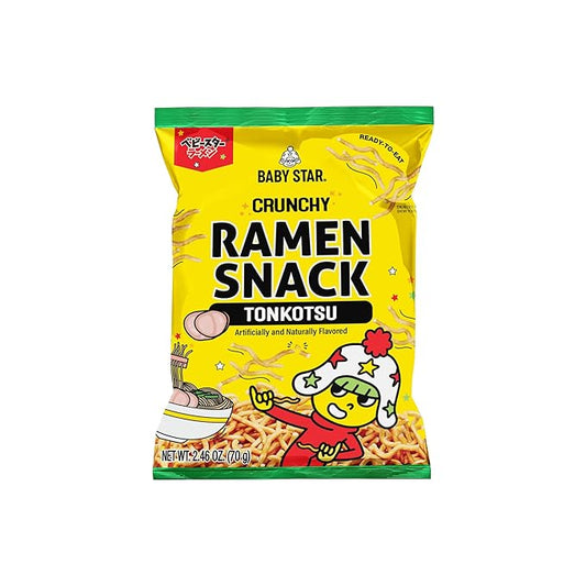 Baby Star Crunchy Ramen Snack Tiny Tonkotsu Flavor, 2.46 oz, Japanese Crispy Noodle Treat, Spicy Savory Taste, Asian Food for Kids and Adults