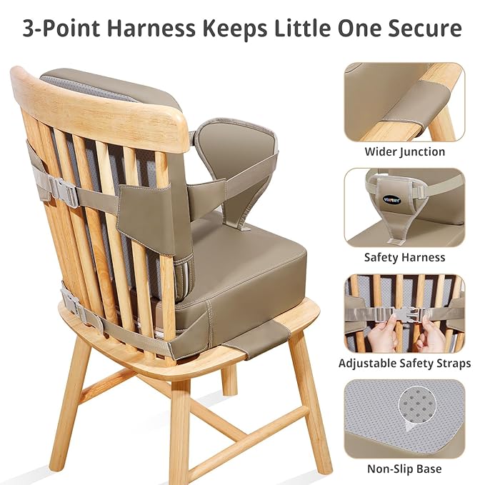 Toddler Booster Seat for Kitchen Chair with Removable Backrest & Adjustable Straps, PU Portable Waterproof & Non-Slip Booster Seat for Dining Table, Travel Child Eating Cushion - Dark Coffee