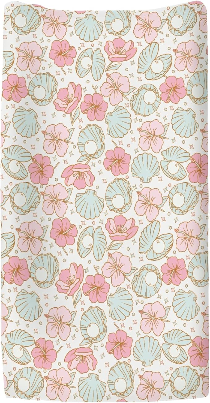 Boho Summer Mermaids Floral Changing Pad Covers for Baby Girls Boys Beach Seashells Conch Tropical Flowers Fitted Change Table Pad Covers Mats Ocean Marine Soft Diaper Changing Pad Sheets 32''×16''