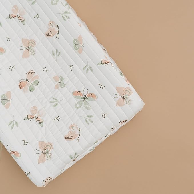 Crane Baby Changing Pad Cover, 100% Cotton Sateen Exterior, Pink Nursery Decor, Pink Butterfly Baby Changing Table Pad Cover, Fits Standard 16" x 32", Butterfly Nursery Decor, Change Table Sheets