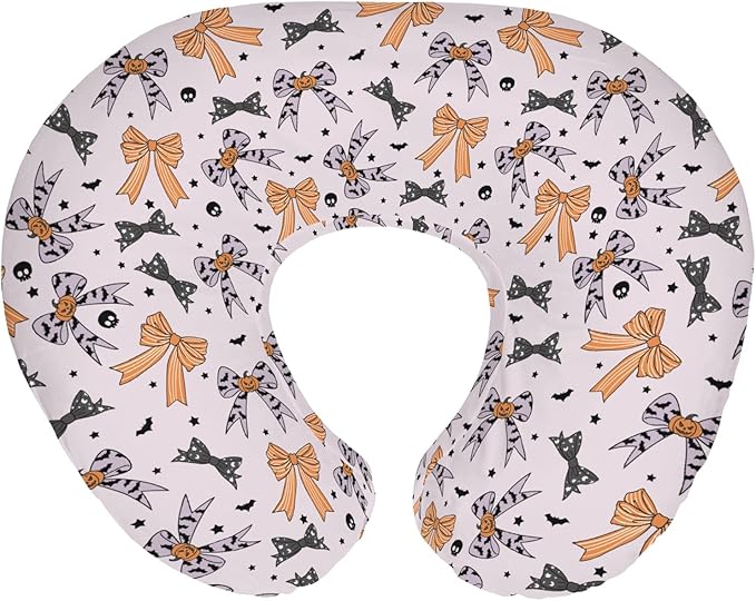Halloween Bows Baby Nursing Pillow Covers for Boy Girl Spooky Bows Bats Pumpkins Skulls Nursing Slipcovers for Breastfeeding Pillows Orange Purple Ribbons Soft Stretchy Removable Covers for Infant