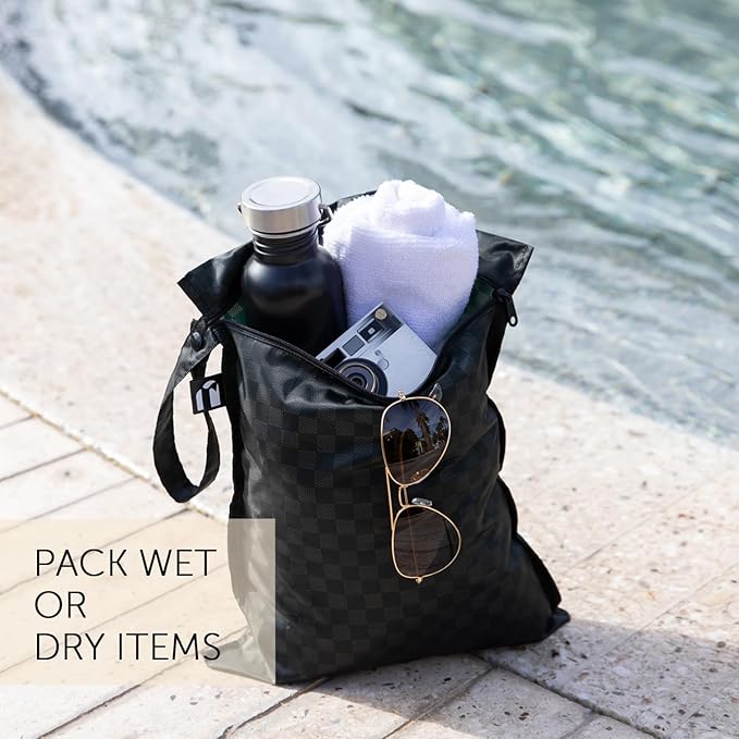 Bumkins and Roamio Waterproof Wet Bag, Wet/Dry Clutch & Clear Travel Bags - For Beach, Baby, Travel, Cloth Diapers, Pump Parts, Pool, Gym, Toiletries - Reusable & Easy to Clean - Black Check - 5 Pack