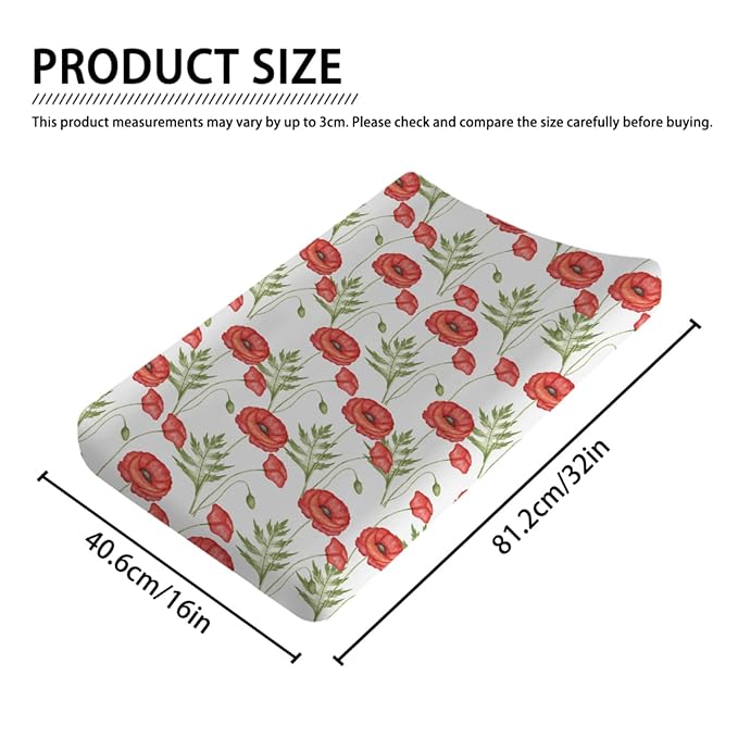 Boho Retro Poppy Flowers Leaves Baby Changing Pad Covers for Boy Girl 32''x16'' Red Poppy Floral Spring Blossom Fitted Diaper Change Table Sheet Wild Plants Soft Breathable Nursery Changing Table Mats