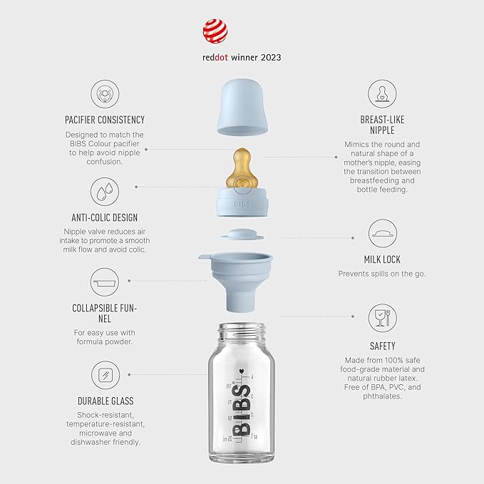 Bibs Baby Glass Bottle | Newborn Anti-Colic Baby Bottles | Borosilicate Glass with a Natural Vented Round Natural Rubber Latex Nipple | Consistent Flow Rate | 3.7 oz/110 ml | 2 Pack | Baby Blue