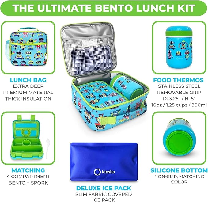 Bento Lunch Box for Kids with Thermo for Hot Food Soup, Insulated Lunch Bag and Ice Cold Pack Set, Stainless Steel Lunch Thermal, Container Boxes with 4 Compartments, Green Robot