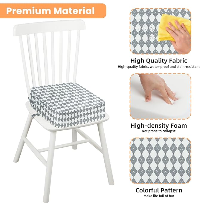 Toddler Booster Seat for Dining Table Kitchen Chair, Kids Booster Seat with Non-Slip Bottom and Adjustable Straps, 4" Detachable Washable Portable Travel Increasing Cushion (Geometric)