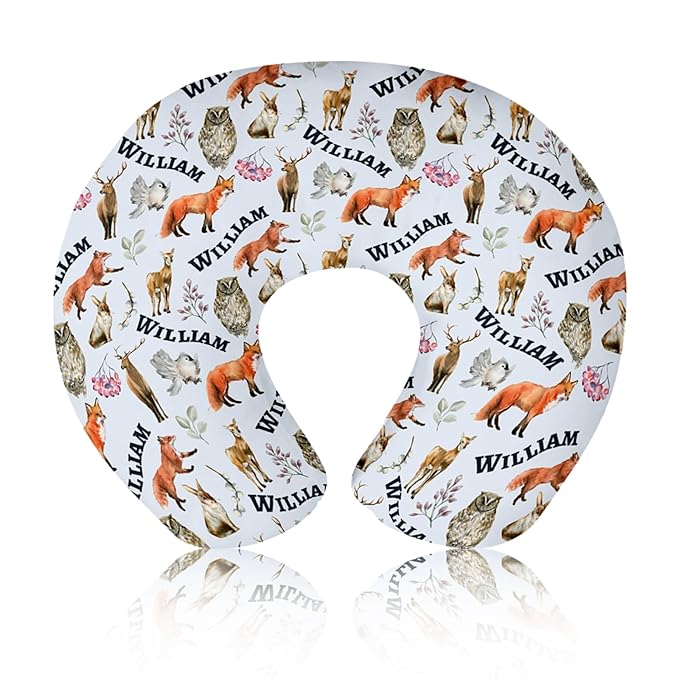 Baby Nursing Pillow Cover - Personalized Name Breastfeeding Pillow Cover with Foxes Pattern, Stretchy Removable U-Shaped for New Moms, Soft Breathable Slipcover for Infant Boys Girls