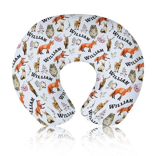 Baby Nursing Pillow Cover - Personalized Name Breastfeeding Pillow Cover with Foxes Pattern, Stretchy Removable U-Shaped for New Moms, Soft Breathable Slipcover for Infant Boys Girls