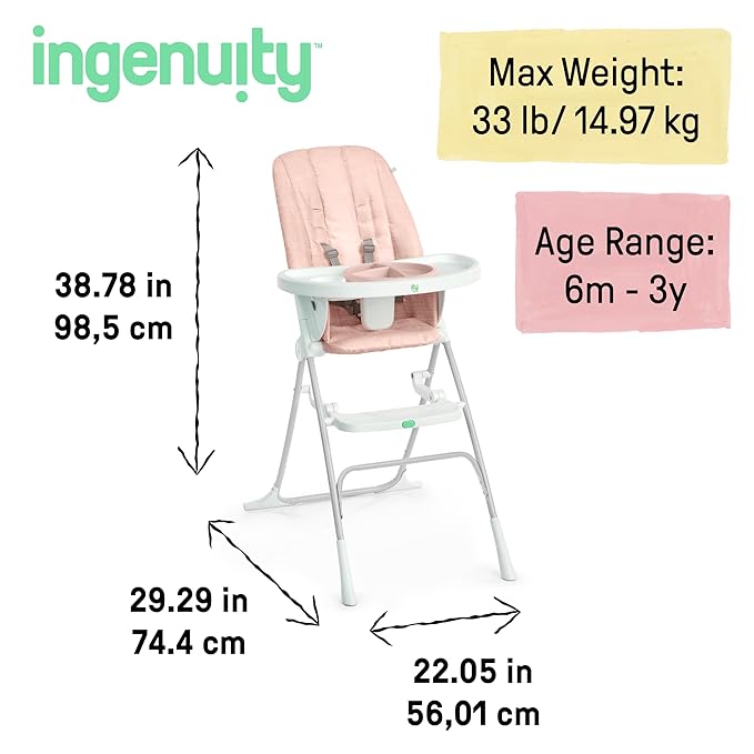 Ingenuity Sun Valley Compact Folding Baby High Chair, Food-Grade Safe Plate, Safety Harness, for Ages 6 Months and Up, Unisex - Pink