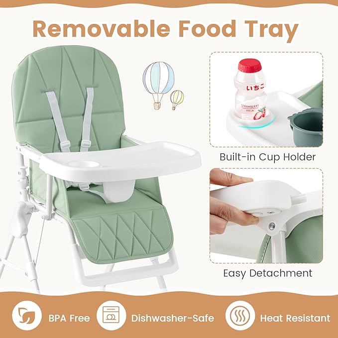 HONEY JOY High Chair, Foldable Baby Feeding Chair, Adjustable Tray & Footrest, Removable Easy-to-Clean PU Seat Cushion, 5-Point Harness, Cup Holder, Highchairs for Babies and Toddlers (Green)