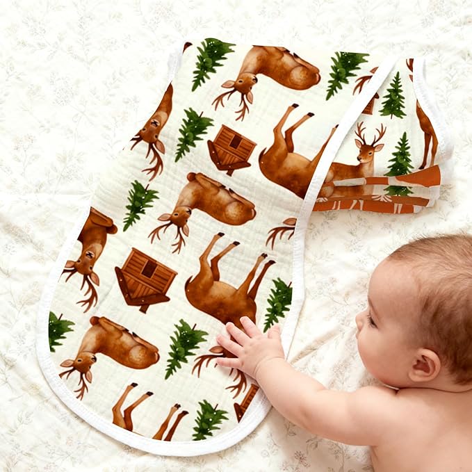 6-Pack Muslin Crinkle Burp Cloths for Newborn, 100% Cotton Absorbent Burping Rags, Gentle Large Textured Washcloths with Forest Adventure & Stag Prints, Little One Essentials Gift Set
