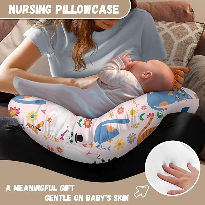 Jeiento Cute Cat Nursing Pillow Cover, Soft Cartoon Kitten Nursing Covers for Breastfeeding Pillows, 1 Pack Reversible Removable Slipcover for Baby Boy Girls,Pink