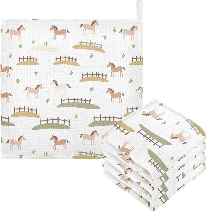 vvfelixl Baby Muslin Washcloths Cute Horses Fences Baby Burp Cloths Cotton Babys Face Towel for Newborn Infants Boys Girls Soft and Absorbent 11.8 X 11.8 in, 3 Pack