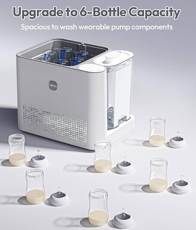 NCVI Large Baby Bottle Washer Sterilizer and Dryer Holds 6 Bottles & Pump Parts, Hospital-Grade Steam Sanitizer for Newborn & Multiple Feedings, Clean Machine for Busy Moms, Fast 19/41min Wash Cycles