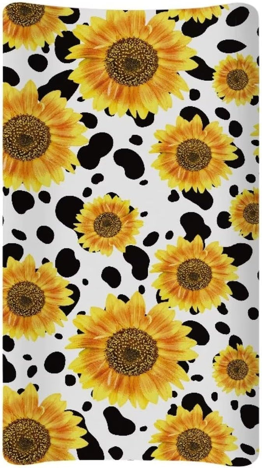 Changing Pad Covers for Boys Girls, Sunflower Cow Diaper Changing Table Pad Cover Soft Breathable Changing Mat Cover for 32''x16" Cute Birthday Gifts for Baby