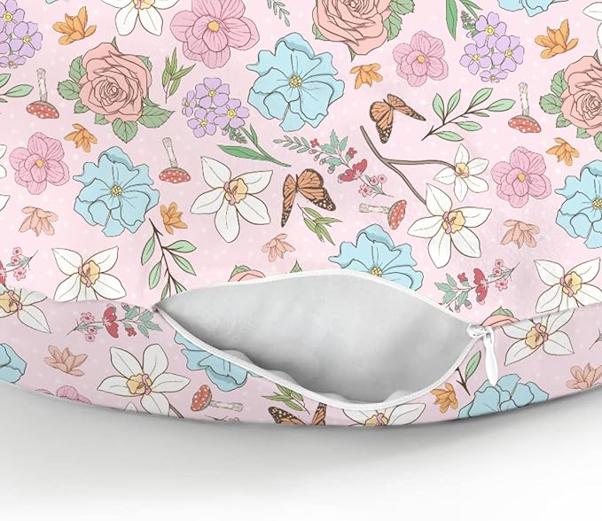 Vintage Wildflowers Baby Nursing Pillow Covers for Boy Girl Pink Floral Leaves Mushroom Butterflies Nursery Pillowcase for Breastfeeding Pillows Spring Garden Soft Stretchy Slipcovers for Newborn