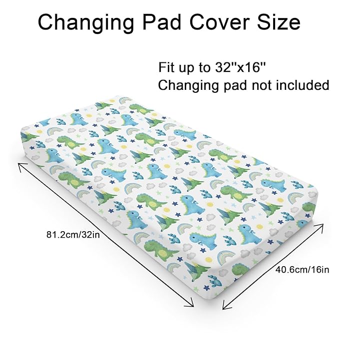 Dinosaur Rainbow Diaper Changing Pad Cover Sheets for Boy Girl 32''x16'' Cartoon Dino Sun Star Cactus Mountain Unisex Fitted Change Table Pad Covers Comfort Soft Breathable Baby Changing Table Mats
