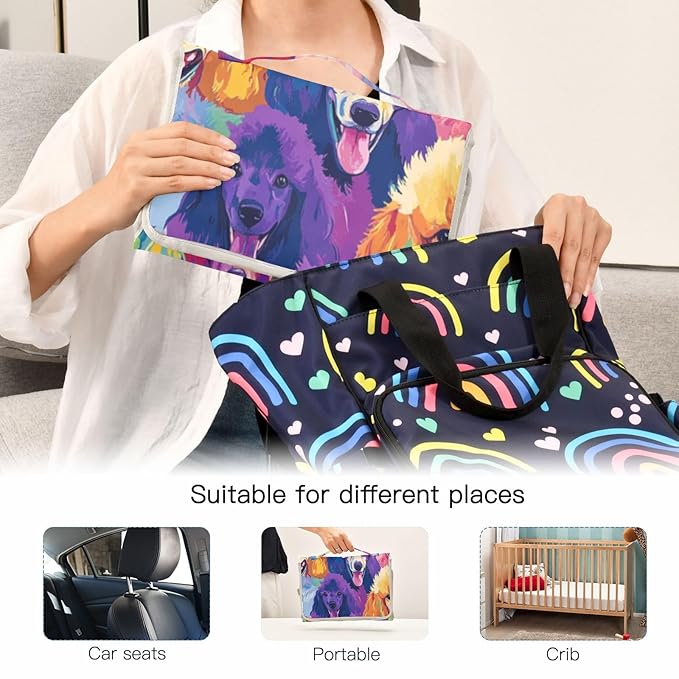 Portable Diaper Changing Pad Travel Baby Changing Mat Waterproof Diaper Changing Mat Foldable Lightweight Baby Changer with Built-in Pillow Vibrant and Colorful Poodle