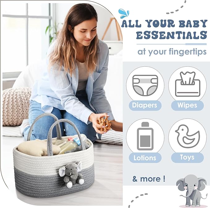 FoldTier Elephant Diaper Caddy Organizer Elephant Cart Storage for Nursery with Handle Baby Shower Basket Gift Baby Bath Caddy for Diapers Wipes Basket for Nursery(Large)