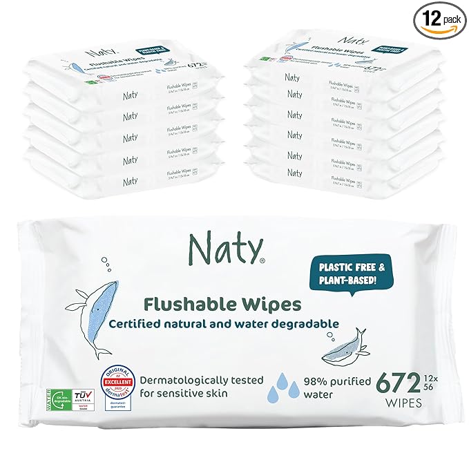 Naty Flushable Baby Wipes | 98% Water, Hypoallergenic & Natural for Sensitive Skin | Unscented, Fragrance-Free, Plant-Based | Plastic-Free, Water-Degradable | Newborn & Toddler | 672 Count (12 Packs)