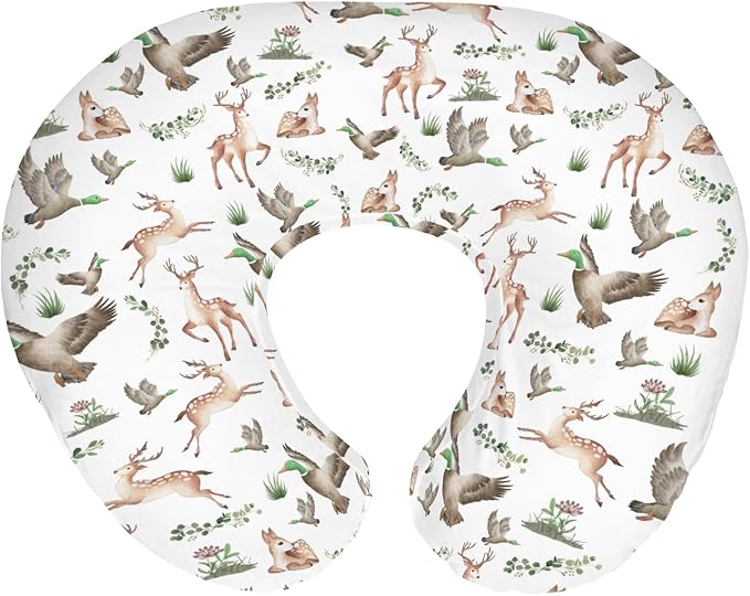 Wild Animals Hunting Baby Nursing Pillow Covers for Boy Girl Mallard Duck Deer Green Leaves Nursery Pillowcase for Breastfeeding Pillows Country Animal Hunters Soft Stretchy Slipcovers for Newborn