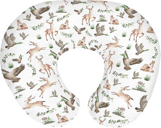 Wild Animals Hunting Baby Nursing Pillow Covers for Boy Girl Mallard Duck Deer Green Leaves Nursery Pillowcase for Breastfeeding Pillows Country Animal Hunters Soft Stretchy Slipcovers for Newborn
