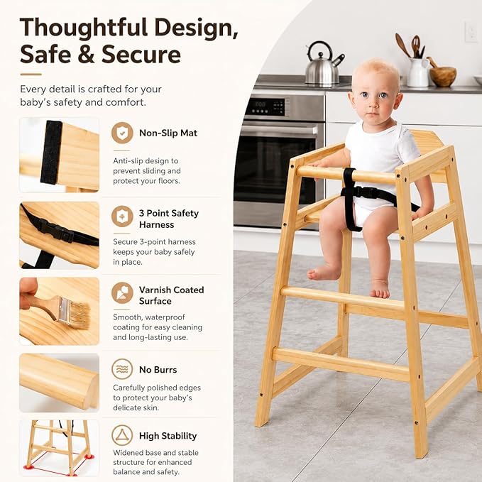 4 Pack Wooden High Chairs for Babies and Toddlers, Restaurant-Style Stackable High Chair with Commercial Grade Solid Wood for Dining Table & Kitchen, Easy to Clean Baby Booster Seat -Natural
