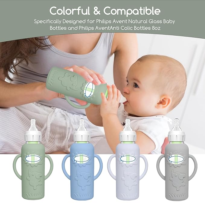 4 Pack Silicone Sleeves for Dr. Brown's Glass Baby Bottles -Drop Protection Easy-Grip Baby Bottle Sleeves Holder with Handles, Compatible with Dr. Brown's Newborn Glass Bottles 8 oz/250 mL