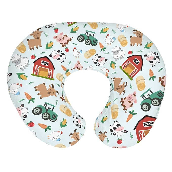 Colorful Farm Animals Baby Nursing Pillow Covers for Boy Girl Pig Cow Goat Chick Barn Tractor Nursery Feeding Pillowcase for Breastfeeding Pillows Farm Life Soft Stretchy Slipcovers for Newborn Infant