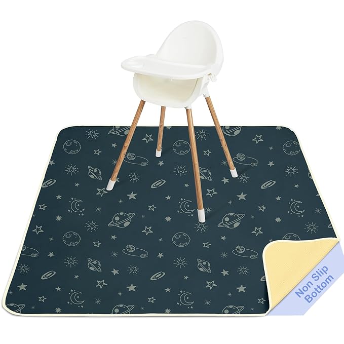 Basumee Splat Mat High Chair Mat Waterproof Baby Play Splat Mat for Under High Chair Food Catcher Highchair Mat for Floor Non Slip Bottom, Dark Blue Space, 46x42 Inches
